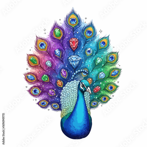 Majestic peacock displays vibrant, gem-encrusted feathers, a symbol of beauty and prosperity