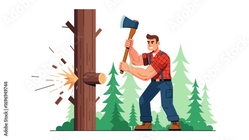 Lumberjack Felling a Tree: A strong lumberjack, clad in a plaid shirt, fiercely swings an axe to fell a towering tree, showcasing the raw power of manual labor in a vibrant, illustrated scene.
