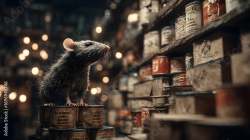 Wallpaper Mural A rat perched on a stack of canned goods in a dark, luttered storage area. Torontodigital.ca