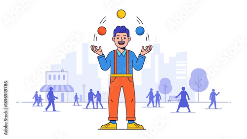 Juggler in the City: A vibrant illustration capturing a juggler's energetic performance in a bustling city environment. Demonstrating skillful dexterity and the art of entertainment.