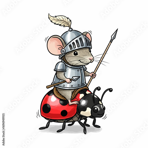 Brave little mouse knight rides a ladybug into adventure with a spear and helmet