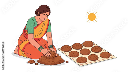 Village Woman Making Cow Dung Cakes: An illustration of a village woman meticulously shaping cow dung cakes under the warm sun, creating traditional fuel source.