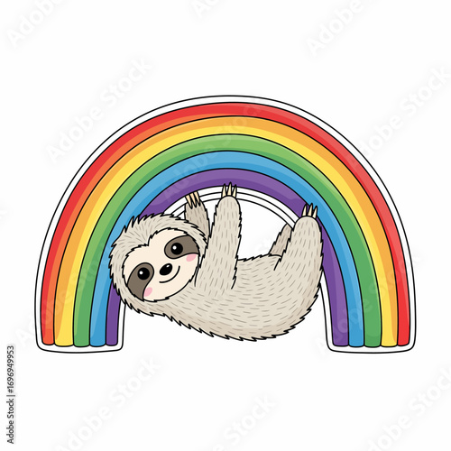 Adorable sloth joyfully hangs on vibrant rainbow, spreading happiness and whimsy for kids