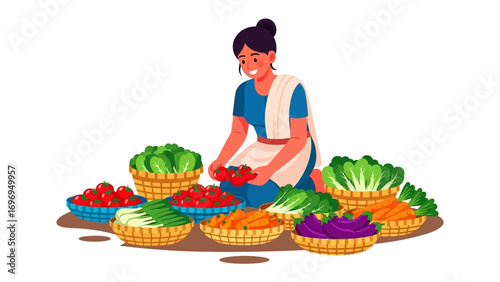 Fresh Market Delights: A cheerful vendor arranges a vibrant array of farm-fresh produce in baskets. Capturing the essence of natural abundance and agricultural delight.
