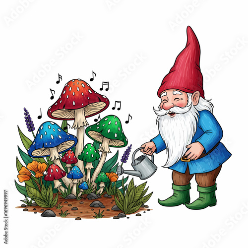 Joyful gnome happily waters magical singing mushrooms in a vibrant enchanted garden scene