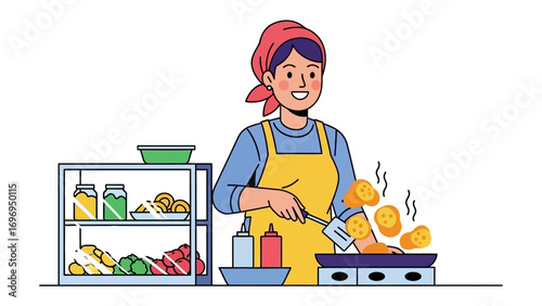 Cooking Delight: A cheerful chef expertly flips golden pancakes on a hot griddle, surrounded by fresh ingredients and tools of the trade.