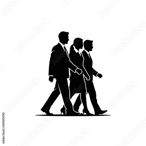 Confident professionals in suits stride purposefully forward, embodying teamwork and business success.