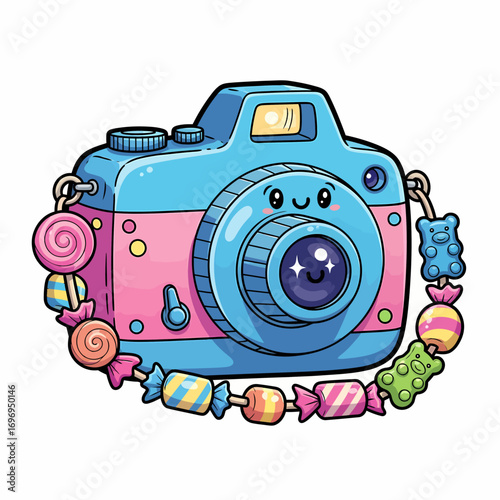 Whimsical illustration A charming blue and pink cartoon camera, adorned with colorful candies and gummy bears, radiating a sweet and playful aesthetic