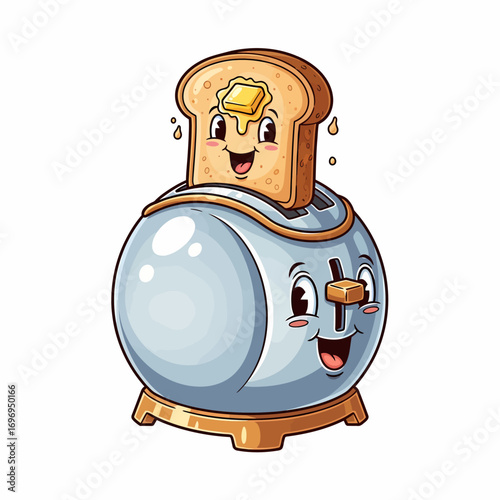 A cheerful cartoon toaster with a happy slice of buttered toast character. A cute breakfast mascot illustration isolated on a clean white background