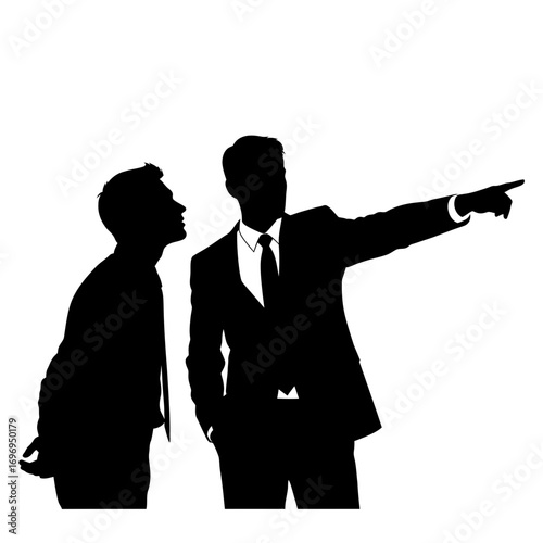 Confident businessman directing colleague towards future opportunities with decisive gesture in professional setting