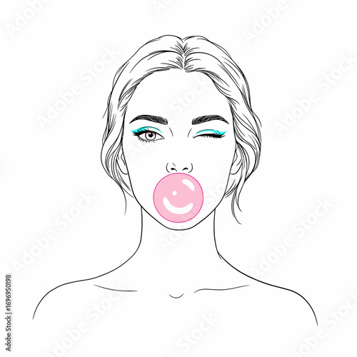 Winking woman blowing chewing gum bubble with fun lively mood, minimalist black and white line drawing vector illustration with neon pink bubble and bright turquoise accents on white background