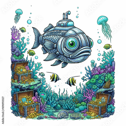 Whimsical fish submarine explores vibrant coral reef treasure chests and exotic marine life