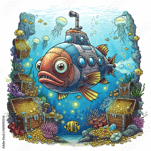 Whimsical fish-shaped submarine explores ocean treasure with curious jellyfish and vibrant coral reefs