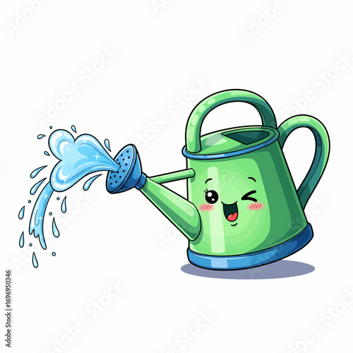 Adorable green kawaii watering can with a happy winking face. Cheerful garden tool splashing water, isolated on a white background as a vector graphic