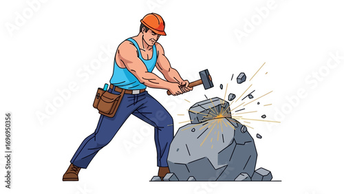 Craftsman at Work: A robust craftsman, donned in a protective hardhat and wielding a mighty hammer, meticulously sculpts a stone block with skill and precision.