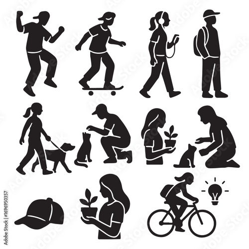 Black silhouettes of people engaged in various activities