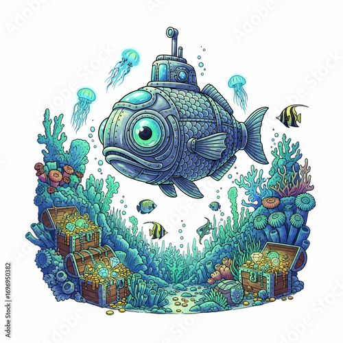 Whimsical fish submarine discovers treasure chests brimming with gold coins and jewels underwater