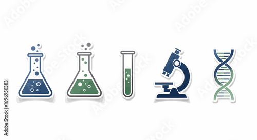 Science Lab Equipment Icons Erlenmeyer Flask, Test Tube, Microscope, DNA