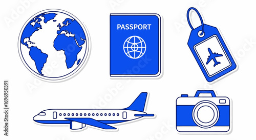 Vector illustration collection of essential travel and tourism symbols for vacation planning, including a globe, passport, airplane, camera and luggage tag