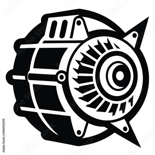 Black and white vector of a stylized mechanical device with sharp edges and gears