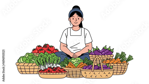Fresh Harvest: A friendly seller proudly presents an array of vibrant, freshly harvested vegetables, radiating health and vitality in a local market setting.
