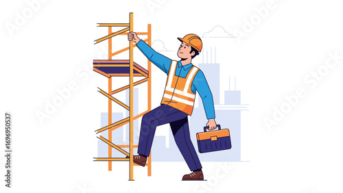 Construction Worker on Scaffolding: A diligent construction worker, outfitted in a safety vest and helmet, ascends a sturdy scaffolding, his toolbox in hand.