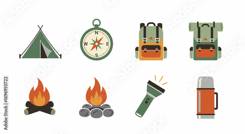 Flat design vector icons of essential camping and outdoor adventure equipment, including a tent, compass, backpacks, and campfire, isolated on a white background