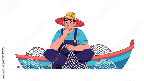 A Fisher's Meditative Moment: An illustration capturing a focused fisherman seated peacefully within his boat, diligently tending to his fishing nets, creating a scene of serenity.