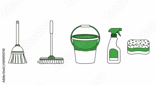 Cleaning Tools Line Art Broom, Mop, Bucket, Spray, and Sponge Illustration