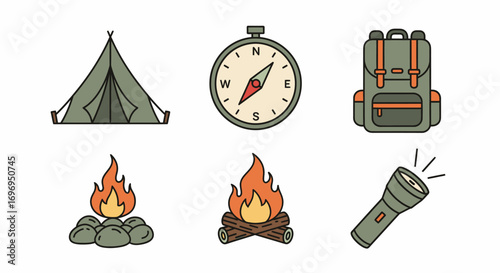 Camping Essentials Icon Set Tent, Compass, Backpack, Fire, and Flashlight - Perfect for Outdoor Adventures and Travel