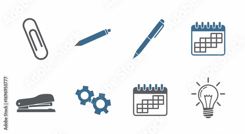 A minimalist icon set of business and office supplies, including a calendar, gears, and a lightbulb, in a simple flat blue and grey vector style