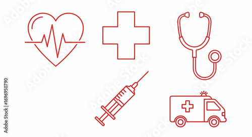 A collection of red outline medical icons including a heartbeat, first aid cross, stethoscope, syringe, and ambulance, isolated on a white background
