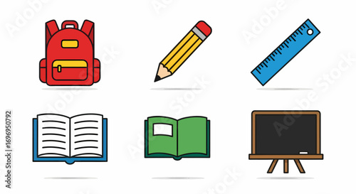 Simple vector icons essential school supplies. Backpack, pencil, ruler, book, blackboard. Playful primary colors, isolated on white. Ideal for educational or learning resources