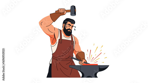 The Forge: A blacksmith expertly hammers hot metal on an anvil, with sparks flying, showcasing skill and dedication in the craft.