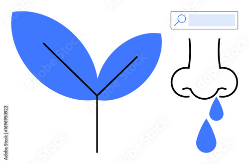 Blue leaf for nature, nose dripping to show allergies, search bar for seeking remedies. Ideal for healthcare, wellness, medical solutions, seasonal allergies, natural remedies, online consultations