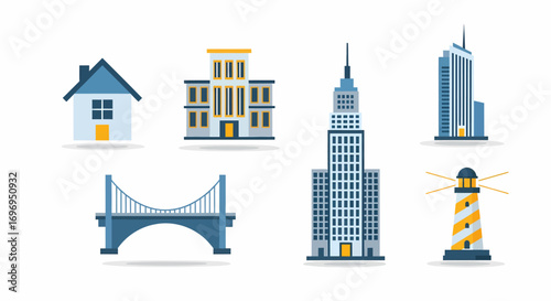 A collection of diverse architectural icons, featuring houses, bridges, skyscrapers, and lighthouses in a clean, modern, vector style, perfect for urban planning and real estate
