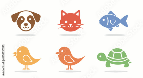 A colorful set of simple pet animal icons, featuring a dog, cat, fish, bird, and turtle, created in a clean, flat vector style and isolated on a white background