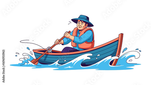 A man in a rowboat in the wavy ocean : An illustration depicts a determined figure navigating choppy waters in a rowboat, the person working diligently to guide his vessel.