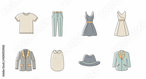 Collection of basic clothing items presented as simple, modern icons on a clean white background