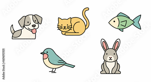 A charming collection of simple pet icons dog, cat, fish, bird, and rabbit, rendered in a clean outline style with soft colors, isolated on white