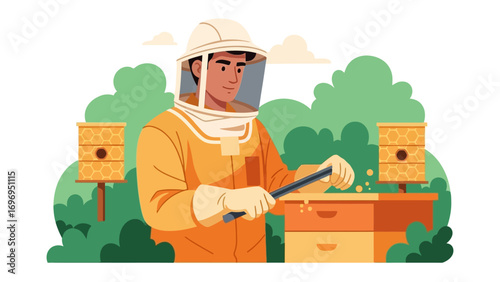 Beekeeper at Work: A diligent beekeeper in protective gear tends to a hive, surrounded by vibrant greenery and symbolic bee houses. This illustration captures the essence of apiculture.