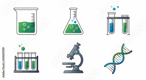 A collection of scientific icons for chemistry and biology research. This vector set includes laboratory glassware like beakers, flasks, and test tubes, plus a microscope and DNA helix
