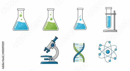 Science Icons Beakers, Microscope, DNA, and Atom Illustrations
