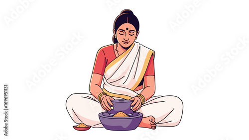 Traditional Indian Woman: A serene illustration depicts an Indian woman engrossed in a traditional cooking ritual, embodying cultural heritage and domestic tranquility.