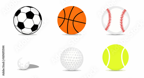A diverse collection of illustrated sports equipment, featuring soccer, basketball, baseball, golf, and tennis balls in a clean vector style on a white backdrop