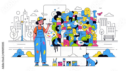 Artistic Expression in the City: An artist passionately crafts a vibrant mural with a playful dog in the city, capturing the essence of creativity and urban beauty.