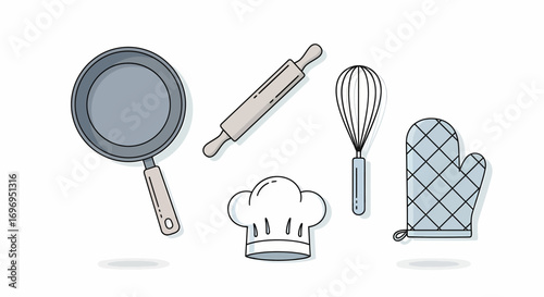 Cooking Utensils Illustration Frying Pan, Rolling Pin, Whisk, Chef Hat, and Oven Mitt