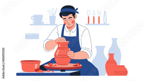 Potter's Precision: A skilled artisan molds clay on a spinning wheel, meticulously crafting a vessel in a focused workshop scene, embodying skill and artistic expression.