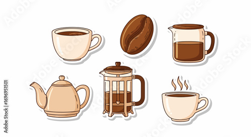 Coffee Variety Illustrated Collection of Cups, Beans, and Brewing Essentials for Coffee Lovers