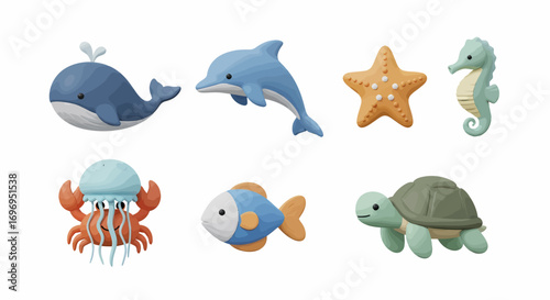 Charming 3D cartoon ocean animals collection featuring playful whale, dolphin, starfish, seahorse, crab, fish, and turtle